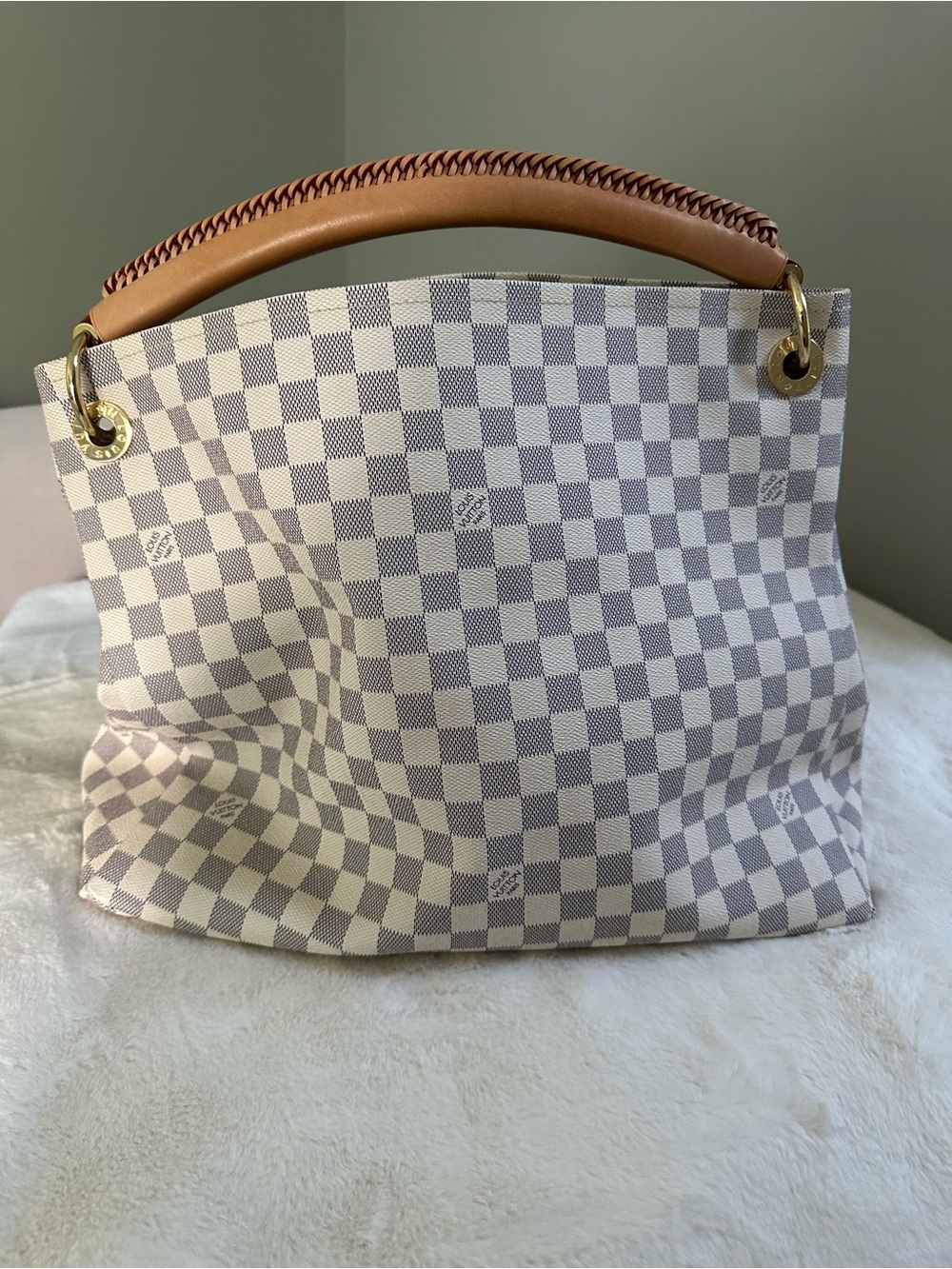 Designer-Inspired Checkered Artsy style canvas tote Bag with leather strap - Picture 2 of 4